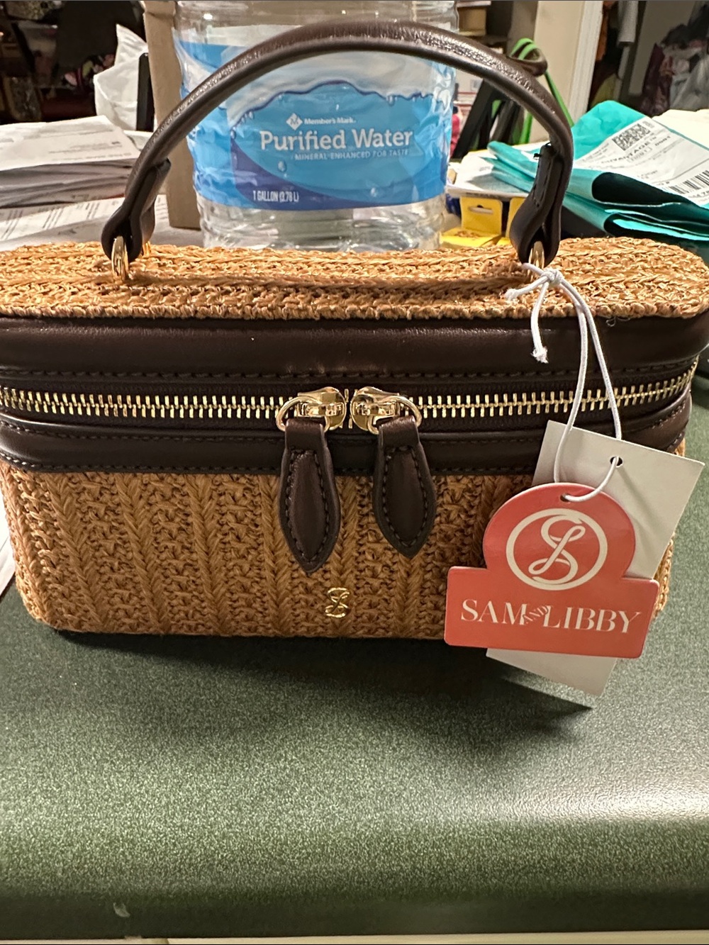 Sam & Libby Woven Joy Raffia Vanity/Train Case w/Brown Trim & Gold Hardware NWT